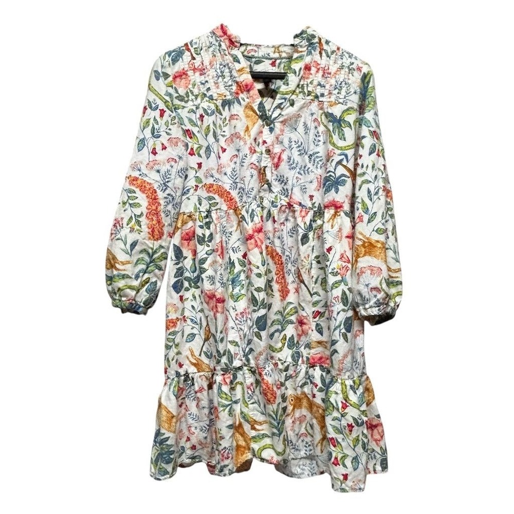 Anthropologie Whimsical Flannel Dress S‎ Floral Rabbit Bird Print